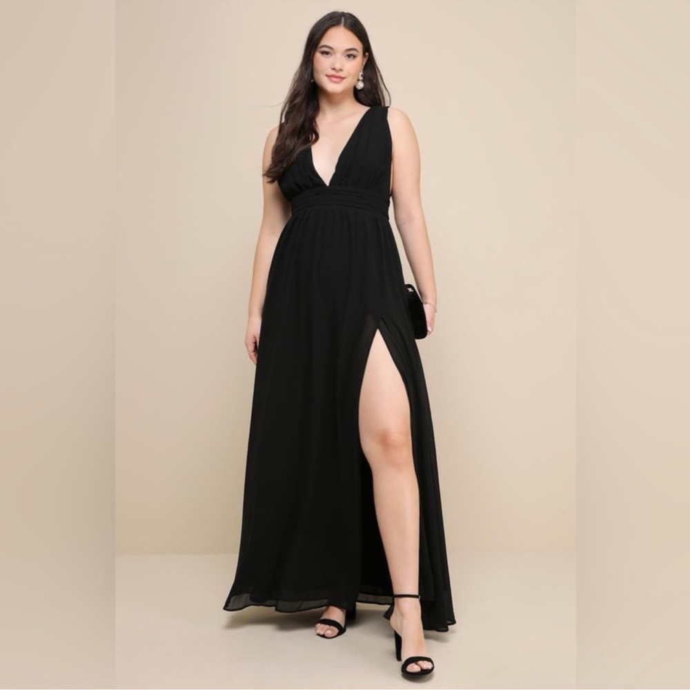 Lulus Heavenly Hues Maxi Dress Large Black Chiffon Side Slit Goddess Formal NWT